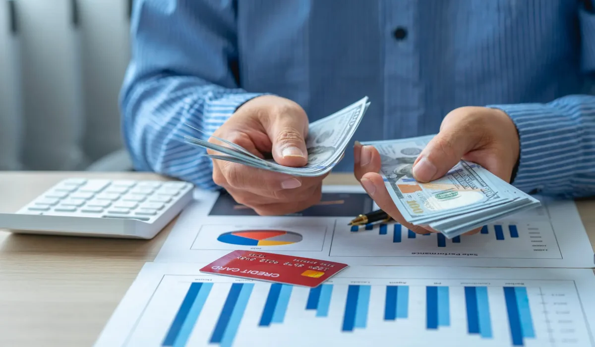 Businessman accountant counting money and making notes report doing finance, pensive business adviser counting money with calculator in office